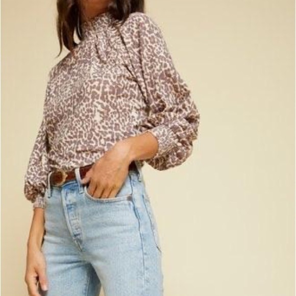 Nation LTD Melanie Smocked Peasant Tee Antique Leopard Animal Print Sz S - Picture 5 of 16